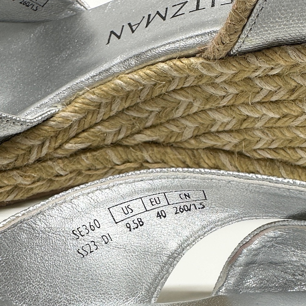 Stuart Weitzman Mirela II Espadrille Wedges Heeled Sandals Leather Silver 9.5 - Picture 8 of 10